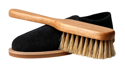 A black slipper with a light brown sole and a cleaning brush on top of it