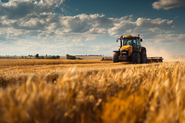 Obraz premium Tractor harvesting wheat in wide field.