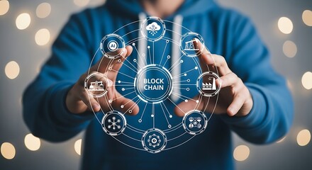 Person interacting with a digital blockchain network diagram with various icons