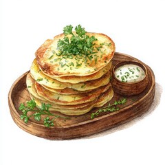 Fluffy pancakes served with herbs and dip