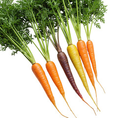 Freshly harvested assortment of colorful carrots with green tops transparent background