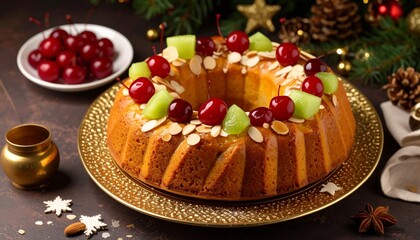 Still life of a luxurious ring cake: a sweet, ring-shaped yeast cake, decorated with red cherries, green melon and sliced ​​almonds, served on a textured gold plate
