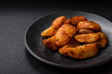 Potato wedges baked with spices, garlic and rosemary. Potato wedges