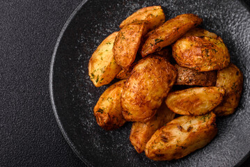 Potato wedges baked with spices, garlic and rosemary. Potato wedges