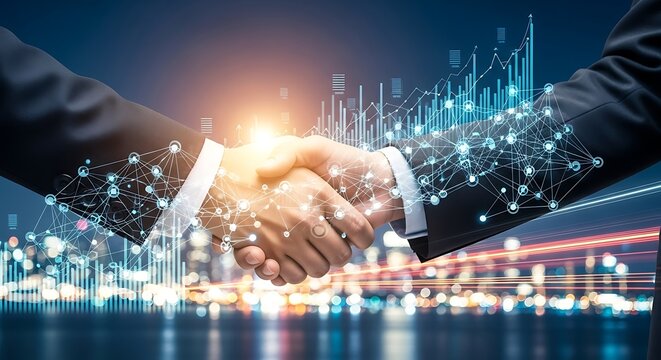 Businessmen shaking hands with a digital network overlay and city skyline