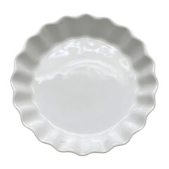 A single white ceramic pie plate with a decorative ruffled edge shown from a top down perspective isolated on transparent background