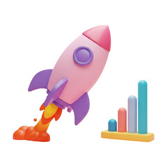 Pink rocket launching upward with graph showing positive growth on transparent background