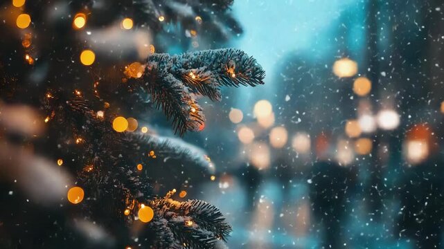 A Christmas tree with lights on the street and falling snow