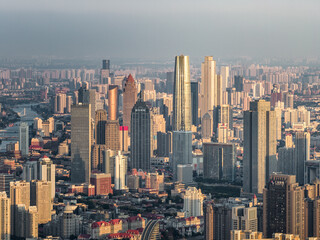Obraz premium Aerial view of Tianjin city skyline at dusk time, Tianjin, China