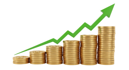 Stacks of golden coins with a green upward trending arrow on a transparent background