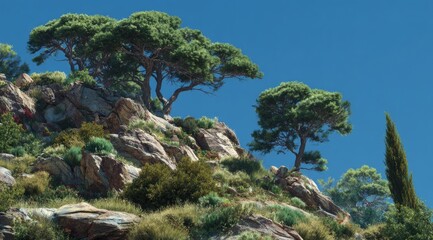 Sunny Mediterranean hillside with pine trees