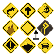 Collection of yellow diamond warning signs with black silhouettes isolated on white background