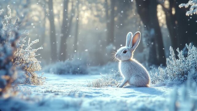 A hare in the forest sits in winter under the falling snow