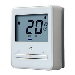 Modern white digital thermostat displaying twenty degrees celsius isolated on transparent background for home climate control