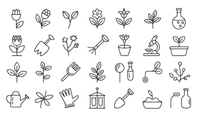 Outline vector icons of gardening, botany, microscope, test tube, flower, leaf, and potted plant for farming and environment concepts