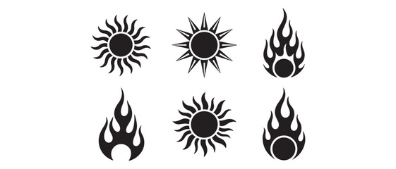 Vector Tribal tattoo set Sun, Flame Designs. Vector black silhouette. with white background
