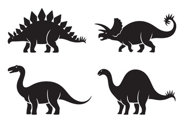 Dinosaurs black silhouettes set. Collection of stegosaurus, brontosaurus, triceratops, diplodocus, spinosaurus . Vector black silhouette. with white background