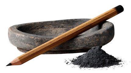 A pencil rests on a stone bowl with a pile of graphite powder beside it