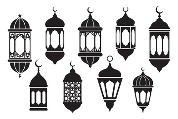 Islamic lantern silhouette icon bundle set in black and white isolated flat vector illustration for eid celebration. Vector black silhouette. with white background