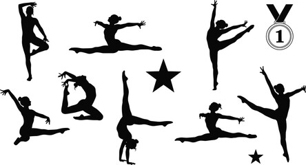 Gymnast silhouette vector with dynamic poses, splits, handstands, leaps, and medal for flexibility, strength, balance, and competition themes