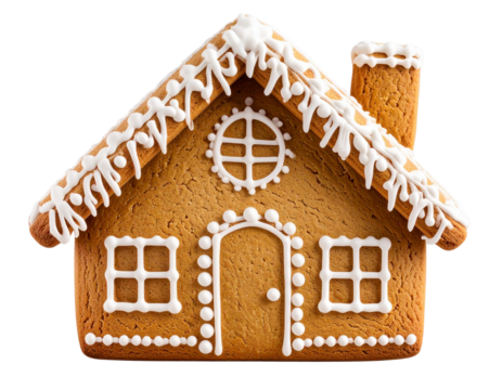  Classic Gingerbread House Cookie with White Icing Details, Front View, isolated transparent background PNG