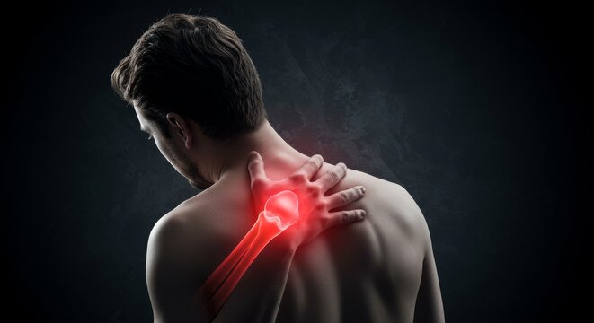 Anatomical Illustration of Shoulder Pain - Man Touching Sore Shoulder, Medical Concept. - Powered by Adobe