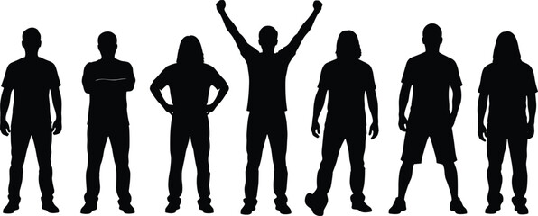 Male silhouette vector illustration showing diverse standing poses, gestures, and body language for concept, posture, attitude, and expression themes