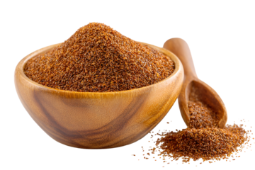 Brown Flax Seeds in Wooden Bowl and Scoop Healthy Food