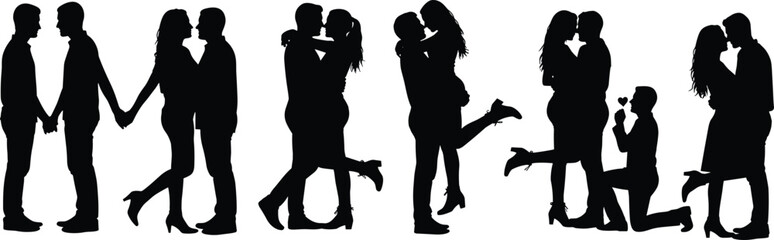 Romantic couple silhouette poses in love, kissing, hugging, proposing, black vector illustration for Valentine, wedding, relationship, and affection themes