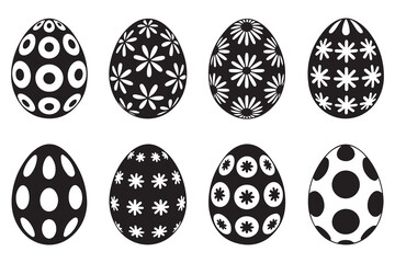 Black and white Easter egg illustrations set. Collection of stylized Easter eggs. Monochrome patterned decorative eggs. Vector black silhouette. with white background