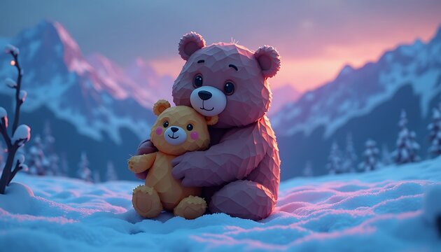 Teddy Bear Hugging Small Bear on Snowy Mountain Landscape