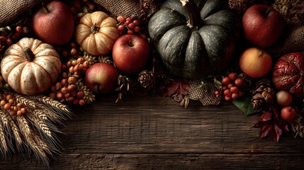 Thanksgiving centerpiece featuring pumpkins, apples, and seasonal foliage on rustic wooden background