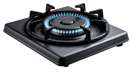 A close up shot of a black gas stove with a blue flame burning on it