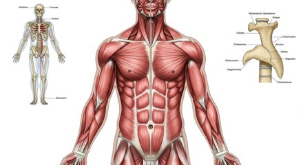 Detailed Anatomical Chart Featuring Human Anterior Muscles, Skeleton, and Sternum.