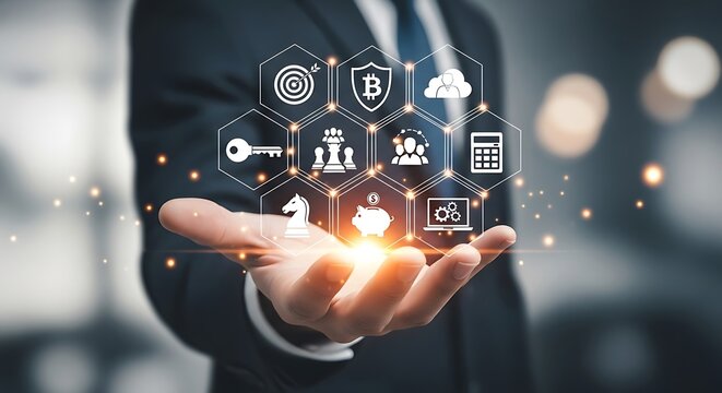 Businessman holding a hand with technology icons and digital network connections