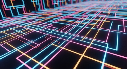 Abstract digital network of glowing neon lines on a dark background