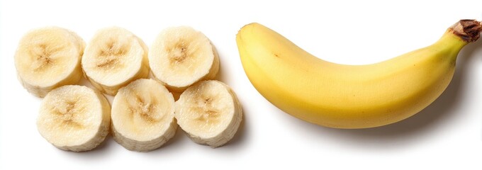 Sliced and whole bananas against a white background
