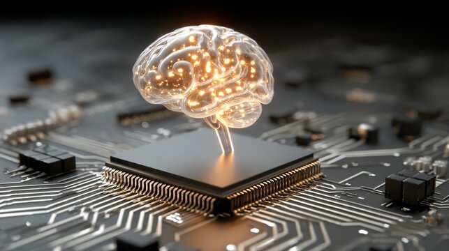 Futuristic Artificial Intelligence Brain on Microchip with Glowing Lights in Dark Environment