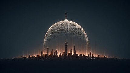 Futuristic City Skyline with Large Geometric Dome and Towered Skyscrapers at Night