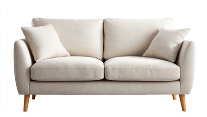 Fototapeta premium Cream-colored two-seat sofa with light-wood legs, isolated on white background