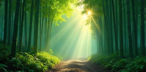 Obraz premium Serene bamboo forest bathed in morning mist, sunlight filtering through leaves Tranquil scene evokes peace and natural beauty , mystical, japan