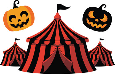 A spooky carnival collection featuring striped circus tents and carved pumpkin jack-o'-lanterns for a festive Halloween event design