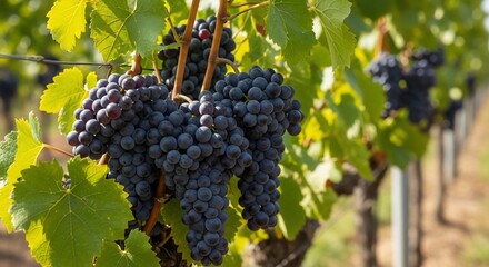 Naklejka premium Ripe Red Grapes Hanging on Vine in Vineyard Sunlight