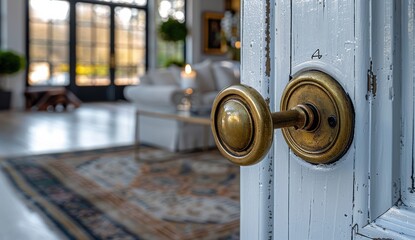 Elegant Entryway Door with Ornate Brass Knob Welcoming Guests into a Sunlit Living Room