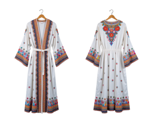 Colorful bohemian robe, front and back separated in white.