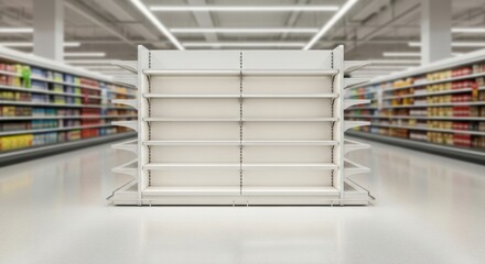Empty white display shelf in a modern grocery store aisle symbolizing scarcity, supply chain issues, and retail challenges