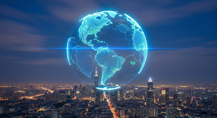 Digital holographic Earth globe above modern city skyline at night, futuristic global technology, connectivity, and innovation concept