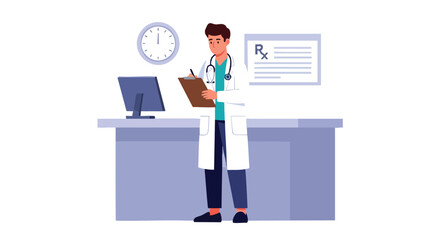 Doctor with clipboard in a hospital reception area