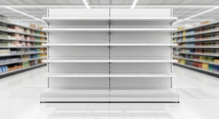 Empty white retail display shelves in a modern supermarket aisle ready for products