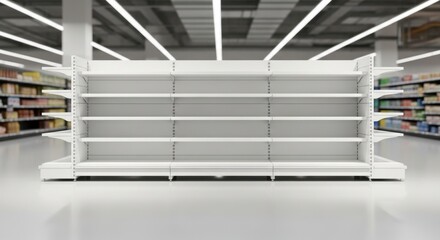 Modern supermarket aisle with a large empty white retail display shelf ready for products